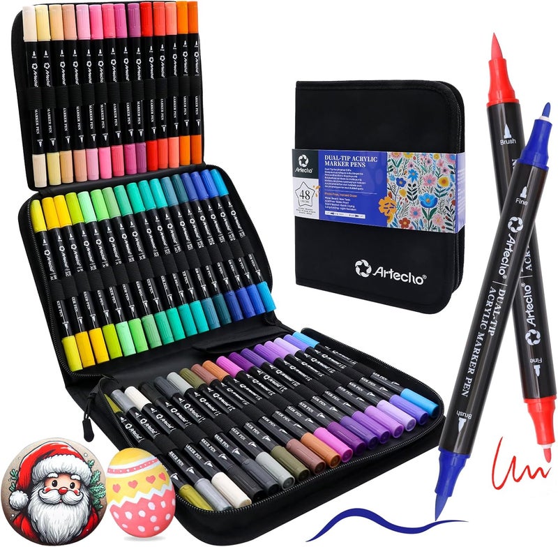 Artecho Acrylic Paint Markers 48 Colors with Bag, Acrylic Paint Pens with Brush Tip and Fine Tip for Stone, Rock Painting, Paper, Pumpkin, Wood, Egg, Canvas, Ceramic, Fabric, leather, Glass - Image 1